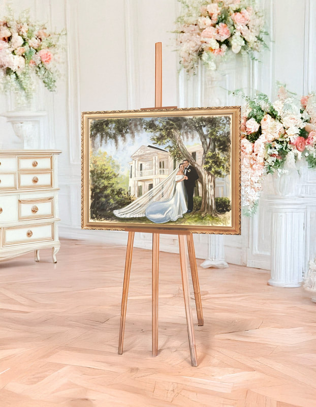 Live wedding painting of bride and groom during ceremony, painted on-site by Kitty Smothers.